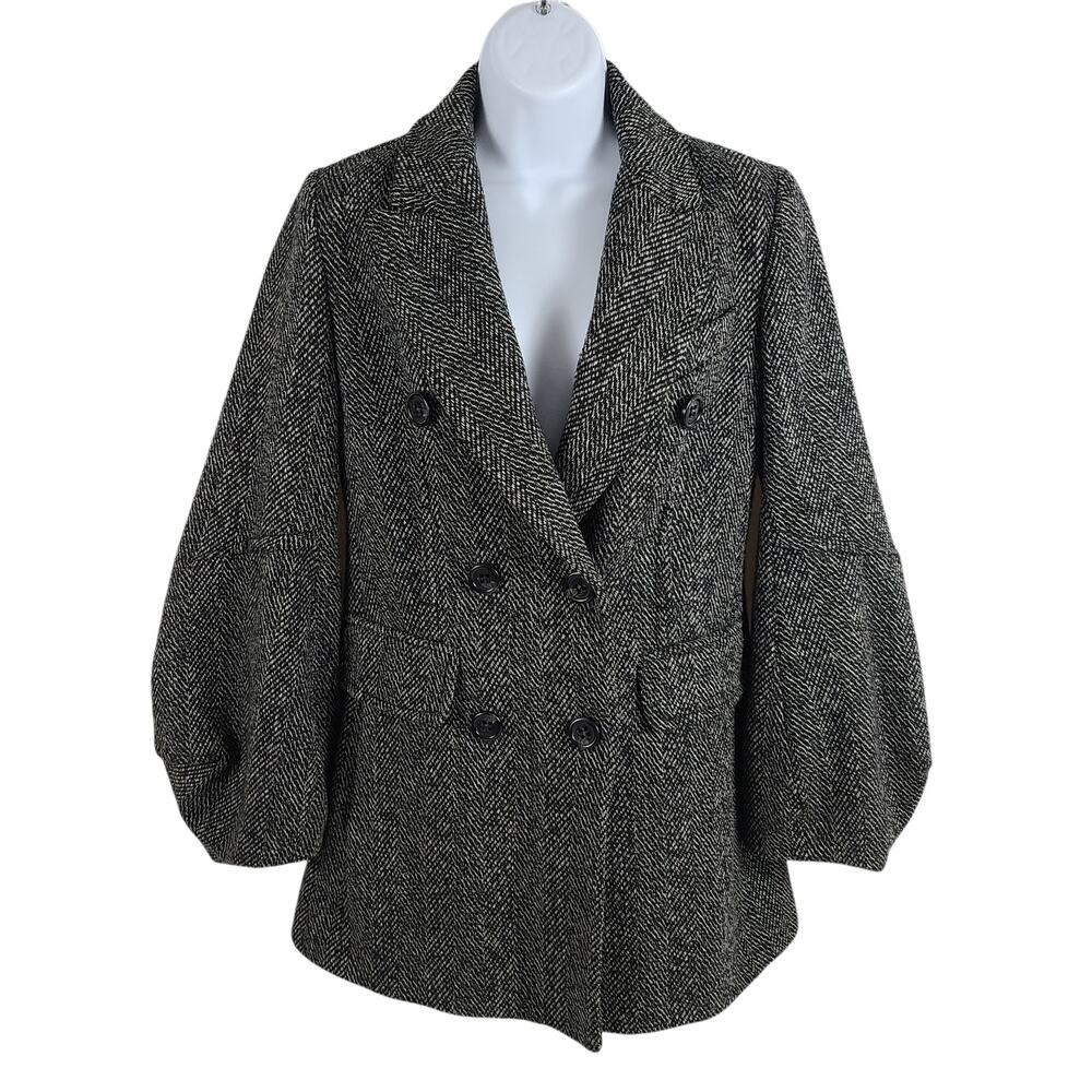 BCBGMaxAzria Herringbone Jacket Wool Puff Sleeve Double Breasted Gray XSmall